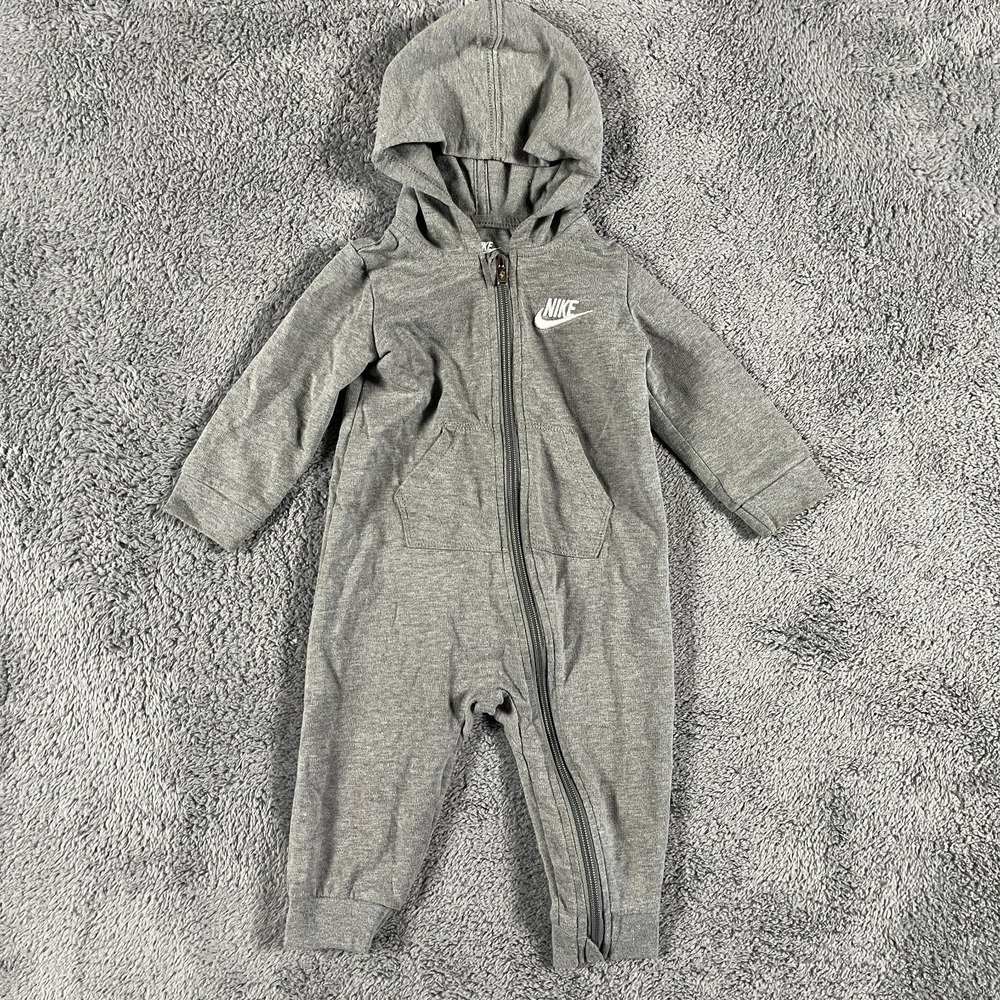 Nike Coverall Baby 12 Months Gray Heather Swoosh Logo Long Sleeve Hooded Zipper